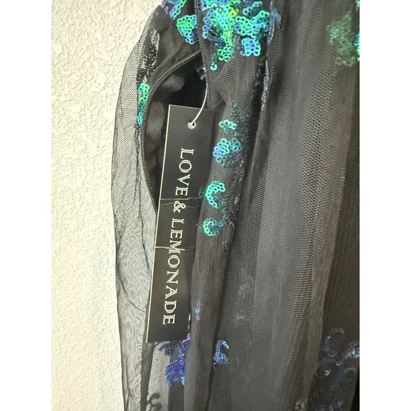 Love & Lemonade Maxi Gown Womens Black Green Sequin Double Slit Hollywood Glam - Picture 7 of 16